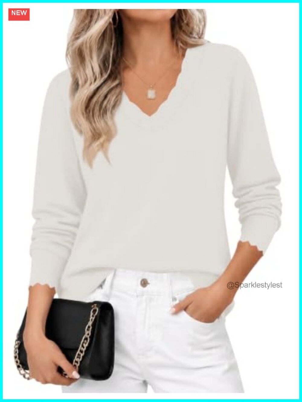 V Neck Scalloped Sweater Long Sleeve Loose Knit Tunic Top